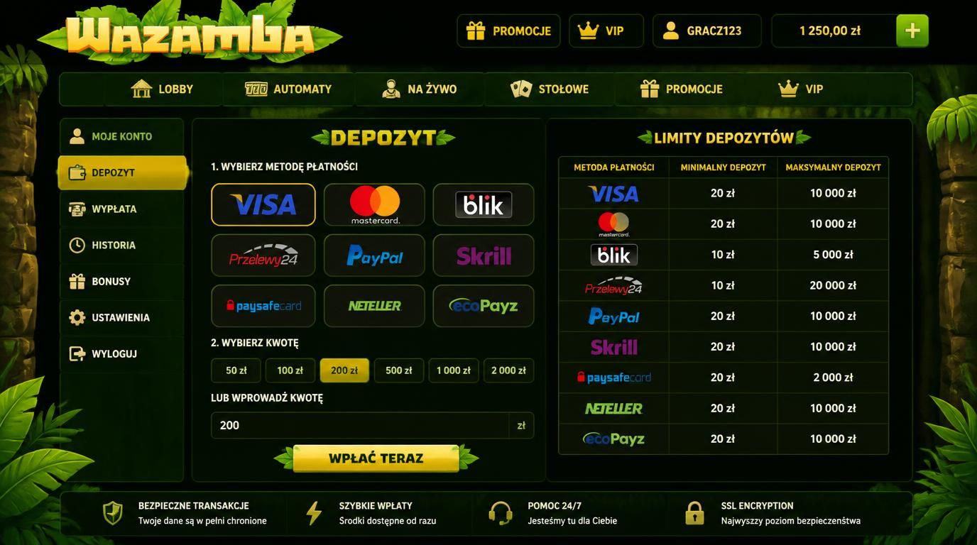 Karty Visa, Mastercard i ikony e-portfeli z wartościami limitów depozytów