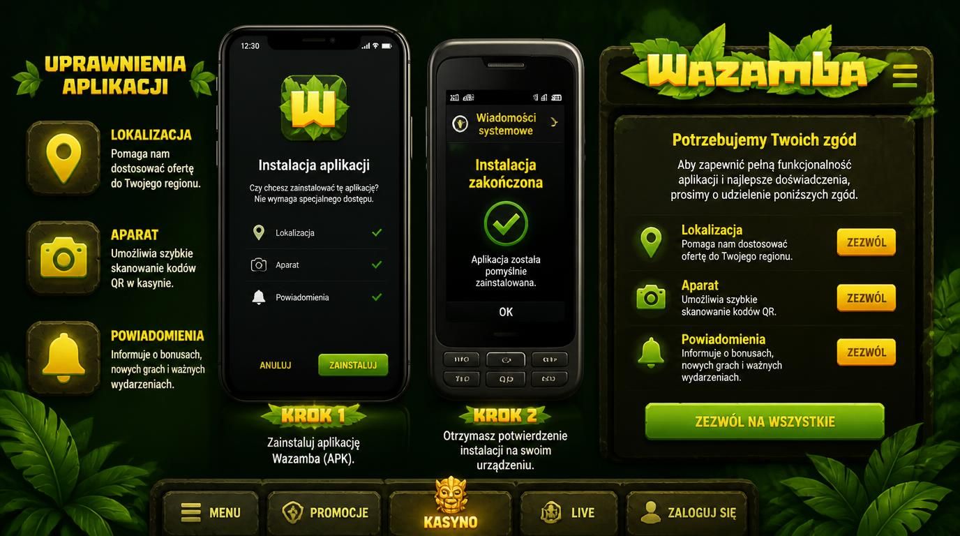 Ikony uprawnień Android: Lokalizacja, Powiadomienia, Aparat z systemowym monitorem instalacji APK