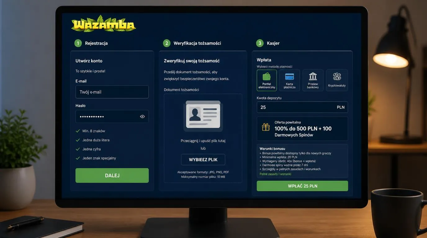 Panel rejestracji, weryfikacji tożsamości i kasy z depozytem 25 PLN oraz warunkami bonusu