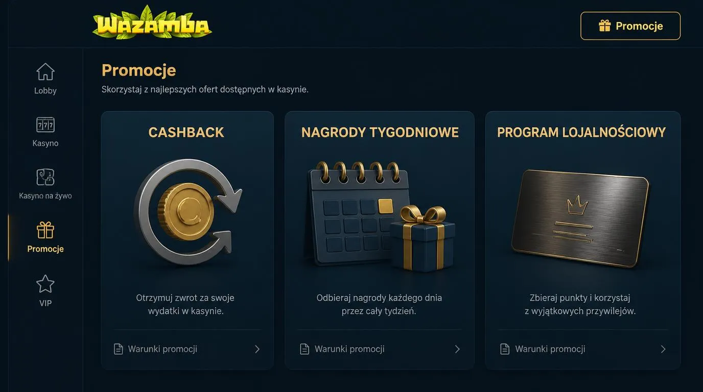 Panel promocji kasynowych z kartami cashbacku, cotygodniowych nagród i programu lojalnościowego